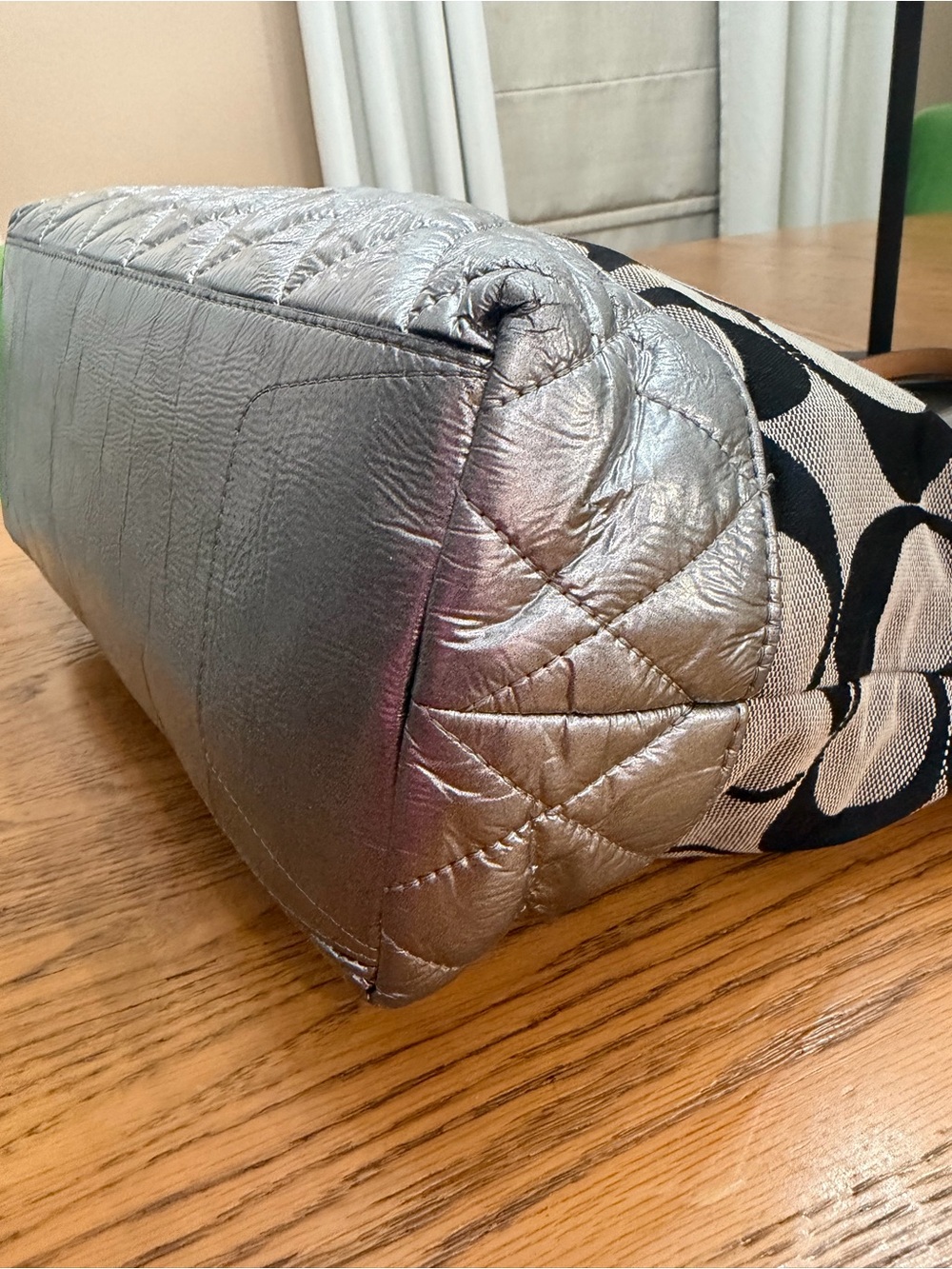 COACH Poppy Metallic Silver Quilted Leather and Black C Logo Canvas - Picture 9 of 14